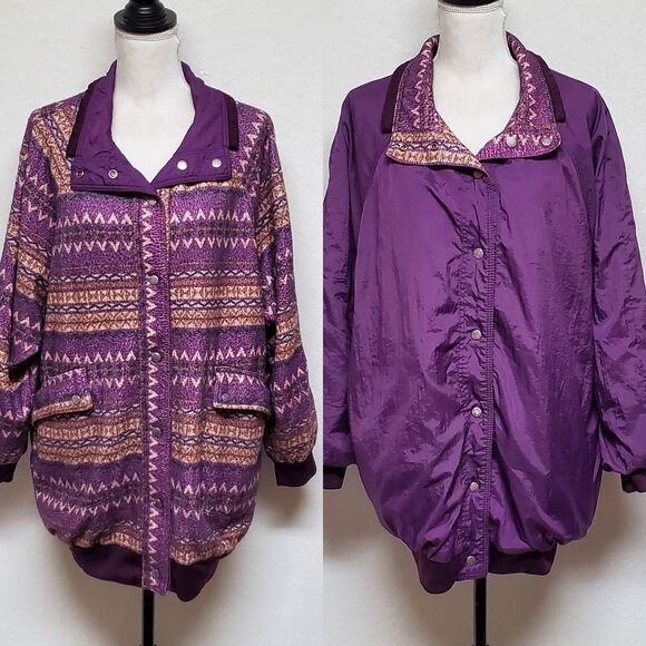 VINTAGE 90s Be In The Current Seen Fleece Aztec Print Raincoat Reversible Jacket - Picture 1 of 16